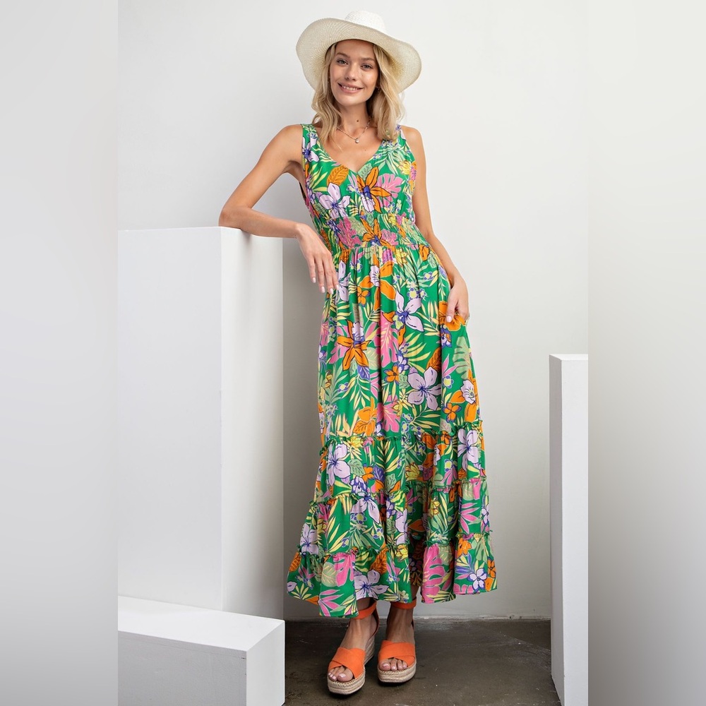 EASEL TROPICAL PRINT PEACH BLOSSOM MAXI DRESS NWT